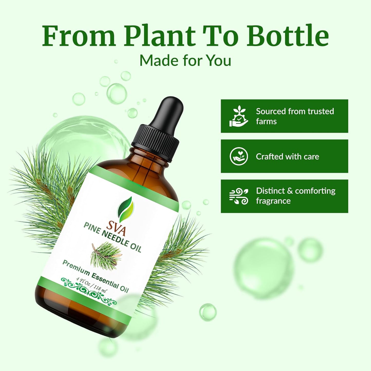 SVA Pine Needle Essential Oil – 4 Fl Oz – 100% Natural Pine Needle Oil - for Diffuser, Hair Care, Face, Skin Care, Aromatherapy, Scalp and Body Massage, Soap and Candle Making – with Dropper