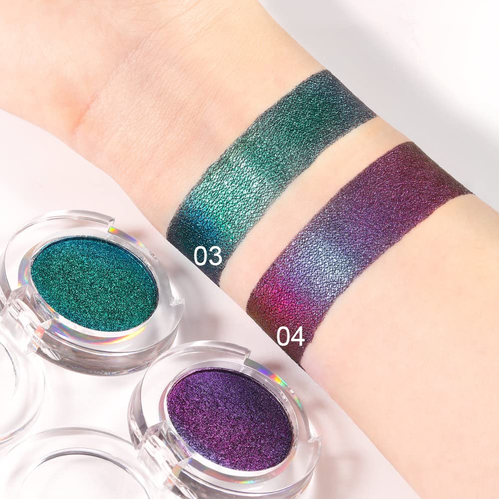 evpct 2Pcs Shimmer Teal Dark Sapphire Blue Bright Purple Multichrome Chrome Single Eye Shadow Palette Makeup for Older Women, Glitter Metallic Duochrome Chameleon Gothic Iridescent Eyeshadow Palette