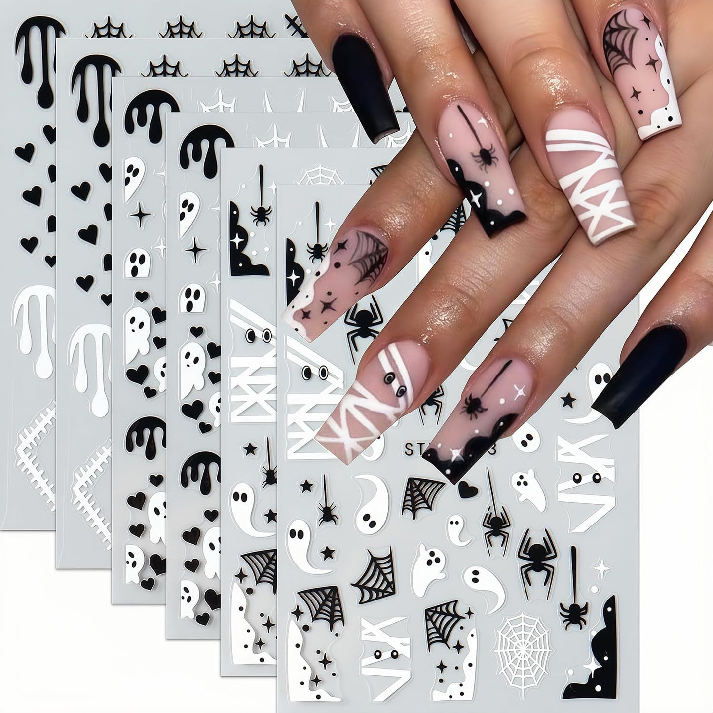 6 Sheets Halloween Nail Stickers, Spider Nail Art Stickers 3D Self-Adhesive White Black Spider Web Blood Heart Star Spiders Ghost Nail Decals Holiday Sticker for Halloween Party DIY Nails Decoration