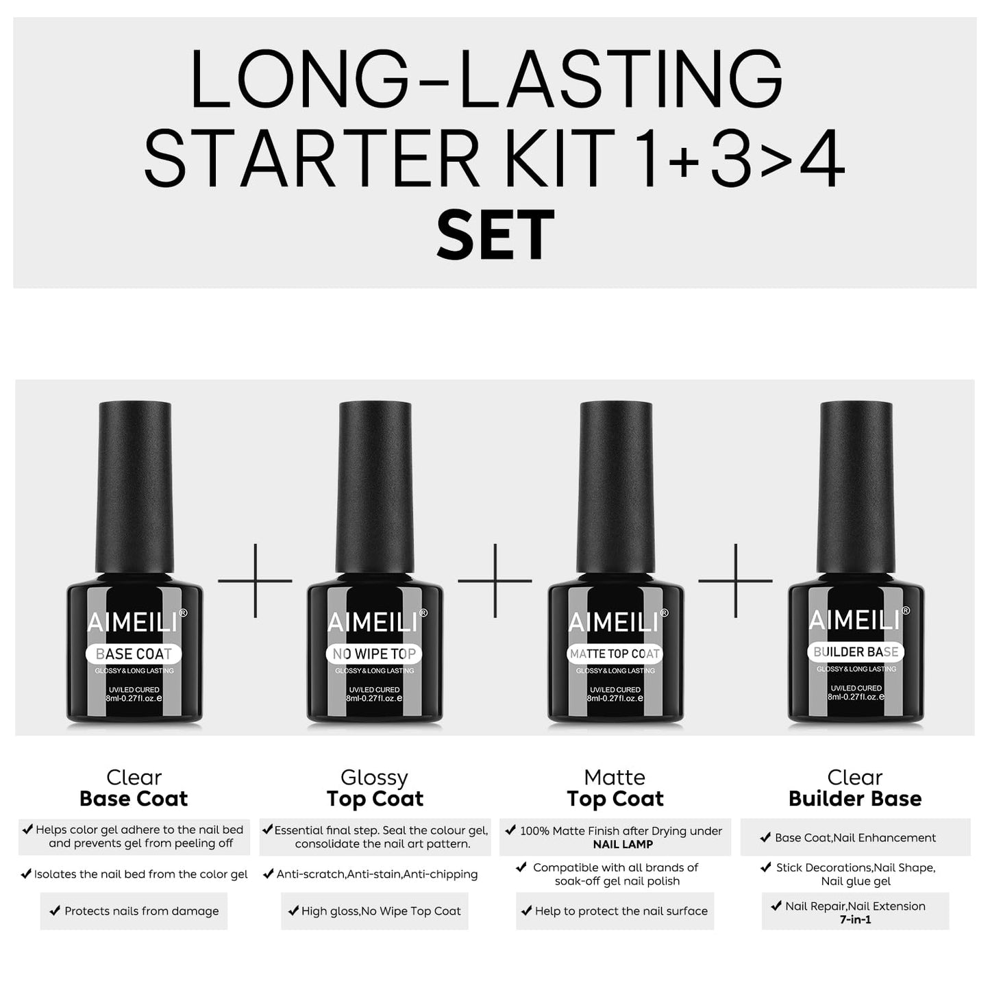 AIMEILI Gel Nail Polish 4pcs, Hema Free, Cruelty Free, Vegan, Soak Off U V LED Nail Art - Base Coat, No Wipe Top Coat, Matte Top, Builder Nail Gel