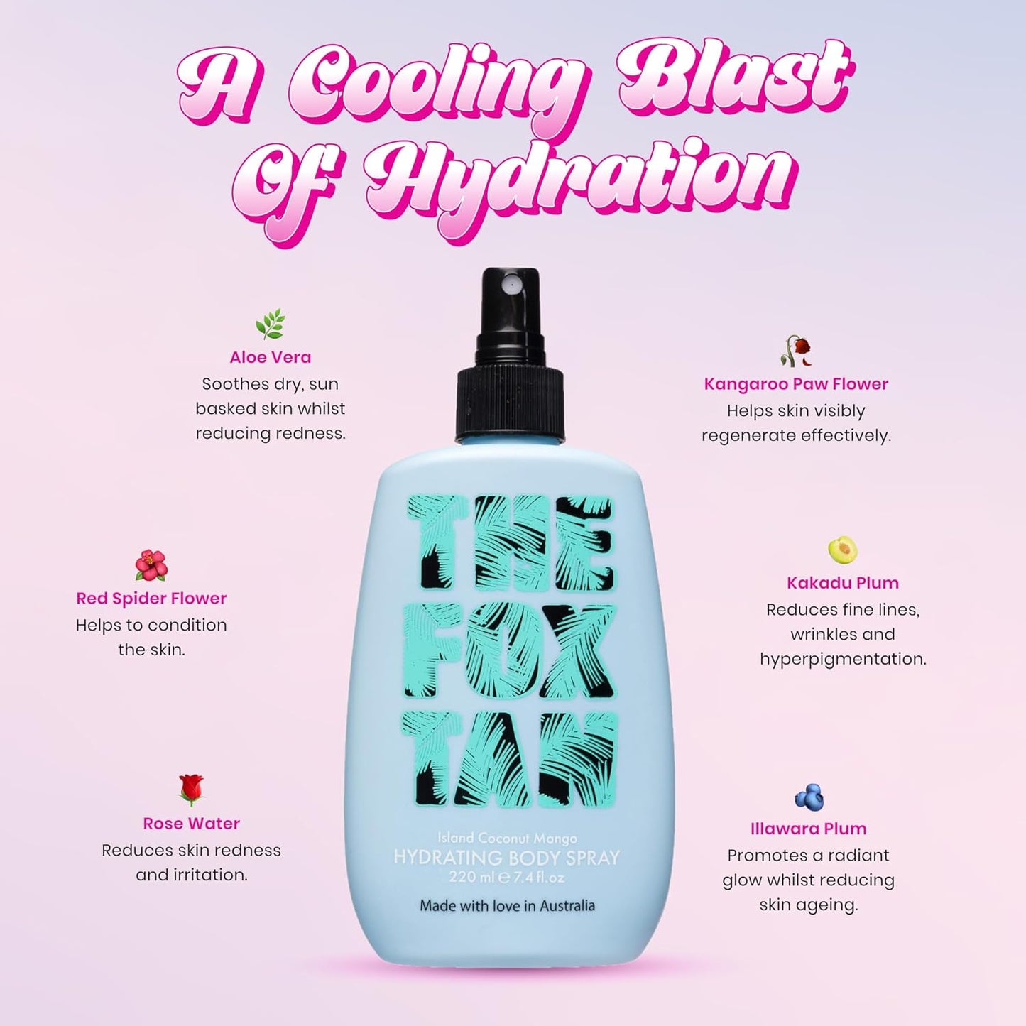 The Fox Tan Hydrating Body Spray, Long-Last Fragrance Perfume Mist, Soothing & Moisturizing, Tropical Scent, Vegan & Cruelty-Free, 220mL