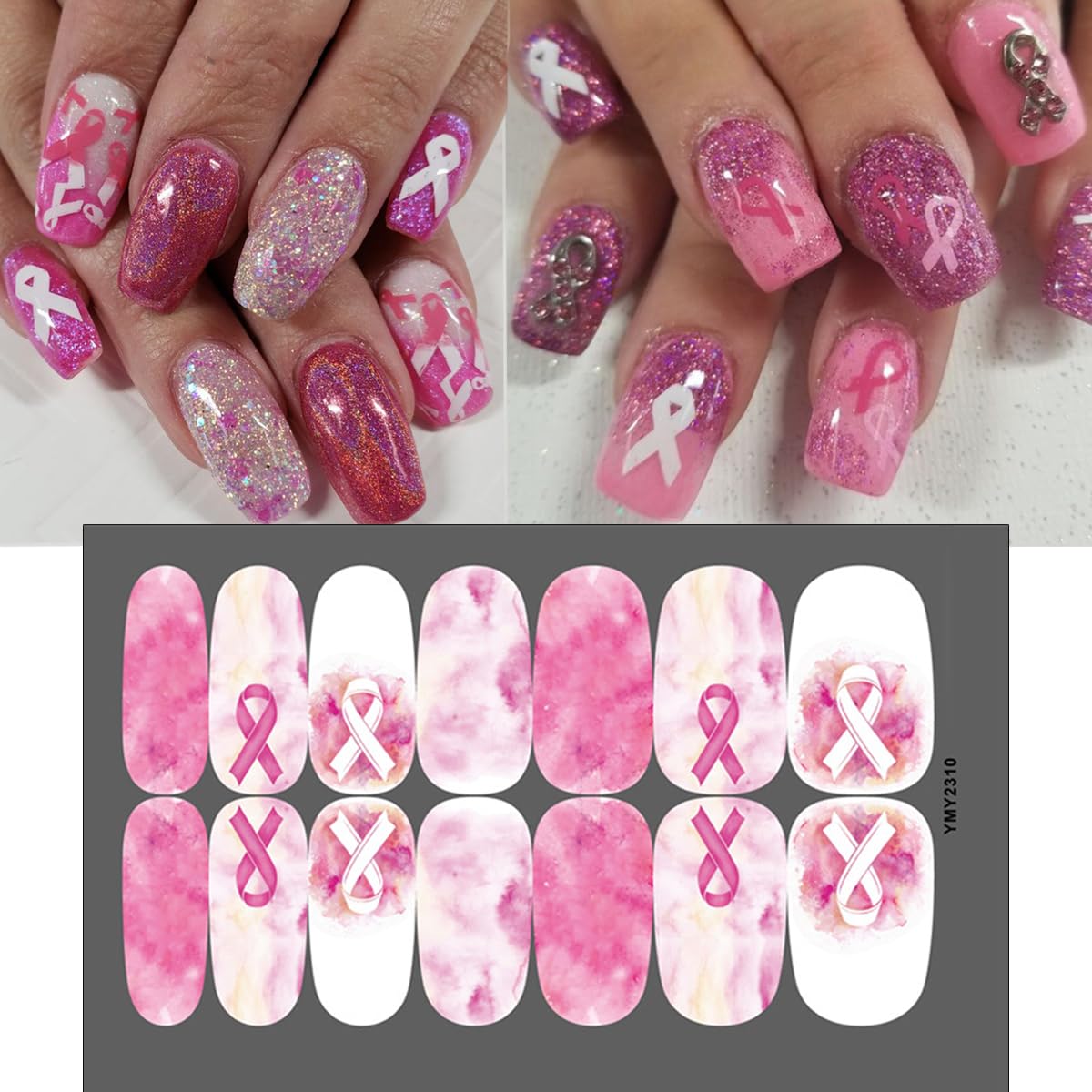 6Sheets Breast Cancer Gel Nail Stickers Pink Ribbon Polish Strips Self-Adhesive Awareness Full Wraps Decals Gradient Pink Butterfly Strips for Women DIY Manicure