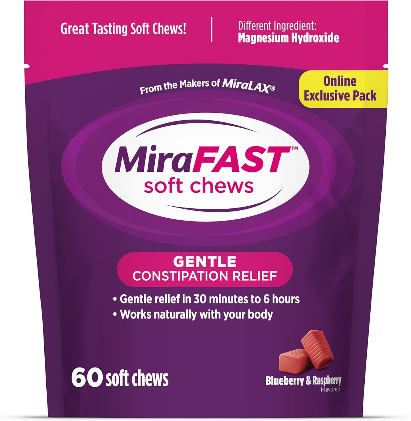 MiraFAST Soft Chews, from The Makers of MiraLAX, Gentle Constipation Relief, Fast Acting Laxative, Stimulant Free Saline Laxative, Magnesium Hydroxide, Blueberry & Raspberry Flavor, 60ct