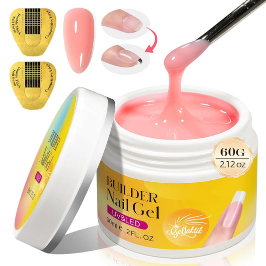 Builder Gel for Nails, 60g Sheer Pink Hard Gel for Nail Extension with 10 Nail Forms, Strengthener & Thickening, UV LED Lamp Cured Sculpture, Repair Broken Nails, Salon DIY Manicure Kit