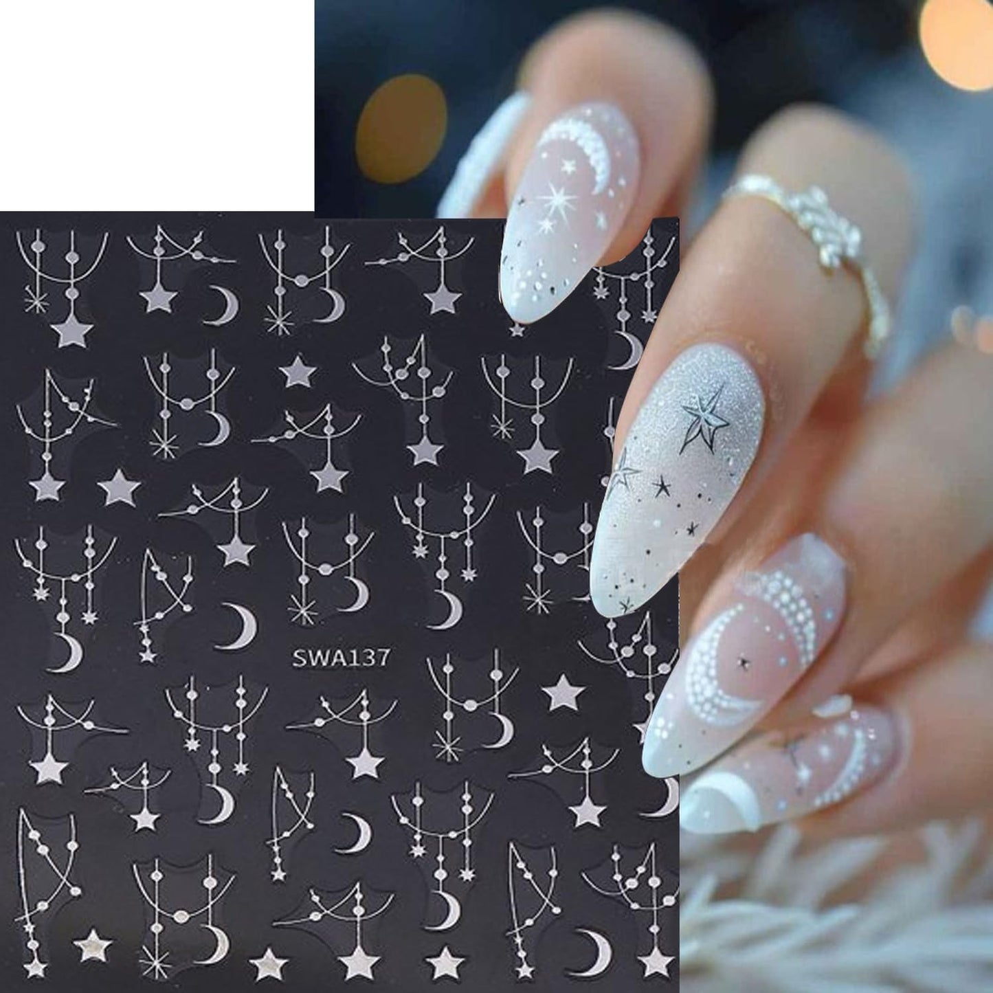 6 Sheets Moon Star Nail Art Stickers 3D Self -Adhesive Hollow Stars Nail Decals Holographic Black & Silver Pendant Star Moon Nail Stickers Unique Nail Decoration for Women Manicure Supplies