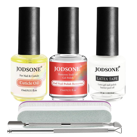 JODSONE Gel Nail Polish Remover Kit - Set with 15ml Gel Nail Polish Remover, Cuticle Oil and Latex Tape, and Complete Remover Manicure Tool Set, No Soaking