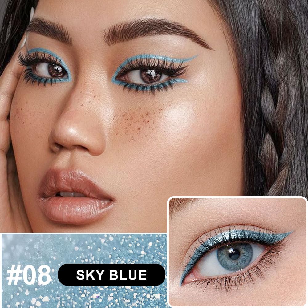 evpct 1Pcs Sky Blue Glitter Shimmer Liquid Eyeliner Eye Makeup Pencil Pen, Pearl Blue Chrome Eyes Liner Face Glitter Makeup Fake Eyelashes Mascara Accessories, Sparkle Metallic Eyeliner Pen Waterproof
