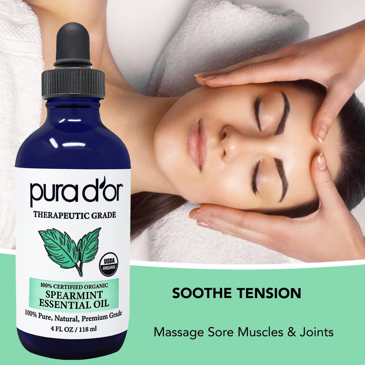 PURA D'OR Organic Spearmint Essential Oil (4oz with Glass Dropper) USDA Certified 100% Pure & Natural Therapeutic Grade Diffuser for Aromatherapy, Focus, Concentration, Mood Uplift