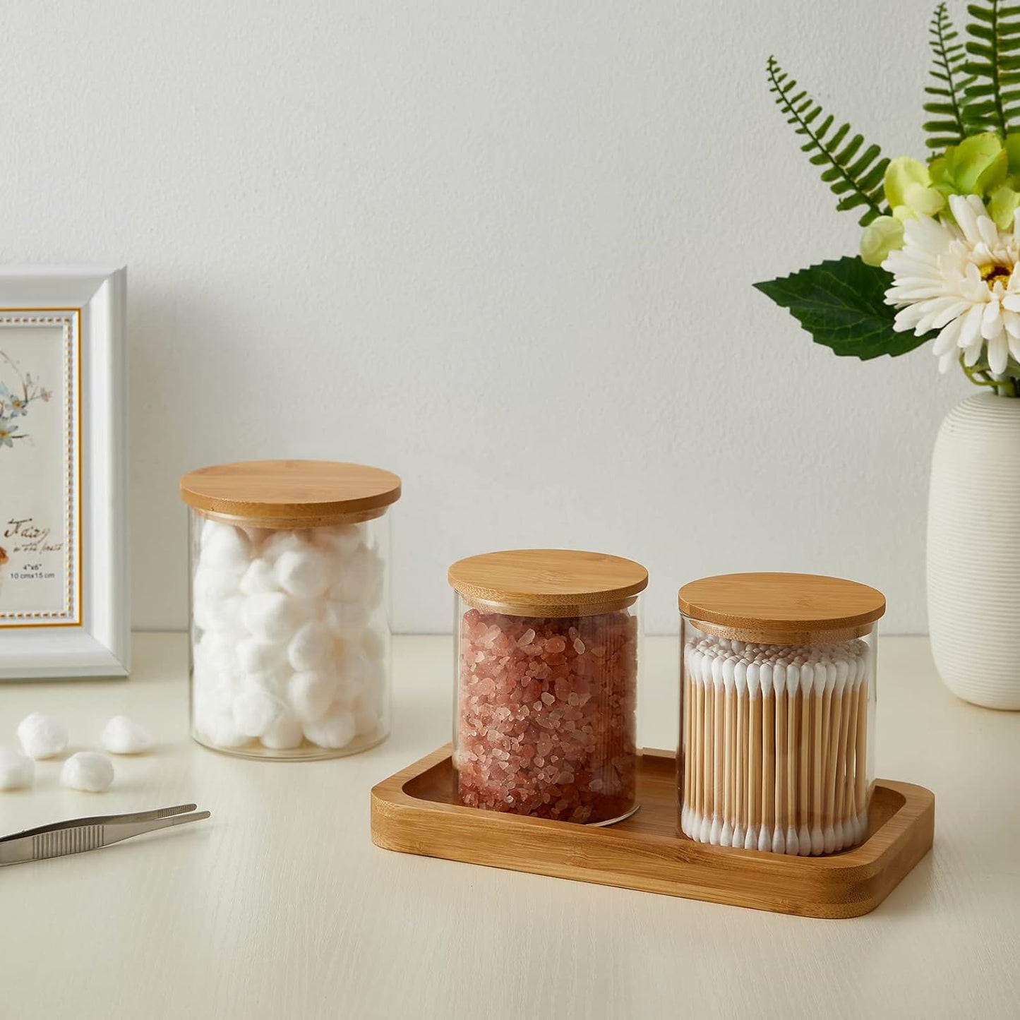 3 Pack Glass Qtip Holder Dispenser, 20 oz and 11 oz Clear Glass Apothecary Jars, Bathroom Vanity Canisters Organizer Jars for Cotton Swabs, Balls, Rounds, Pads, Floss, Bath Salts