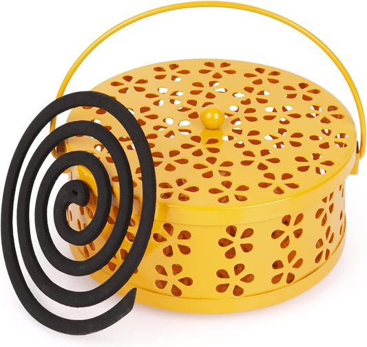 Portable Iron Mosquito Coil Holder with Handle Round Heat-Resistant Incense Holder (Yellow)