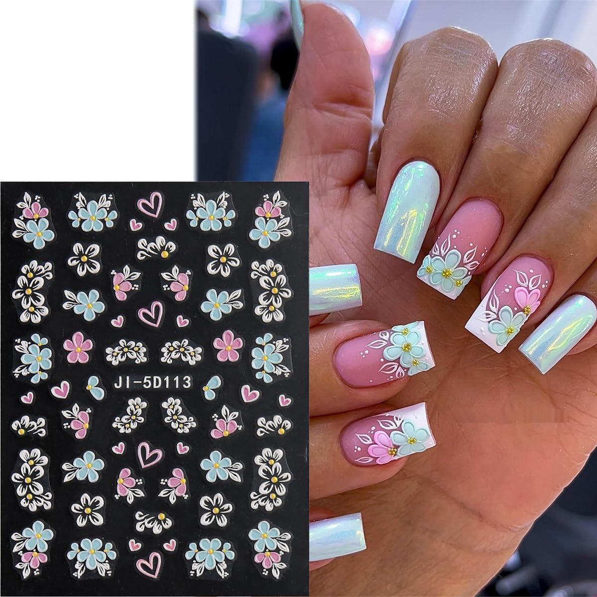 Acrylic Flowers for Nails 4 Sheets 5D Embossed Floral Nail Decals Colorful Flowers Nail Stickers, Gold Strip Lines Swirls French Tip Nail Stickers, Daisy Butterfly Stickers Pegatinas Uñas