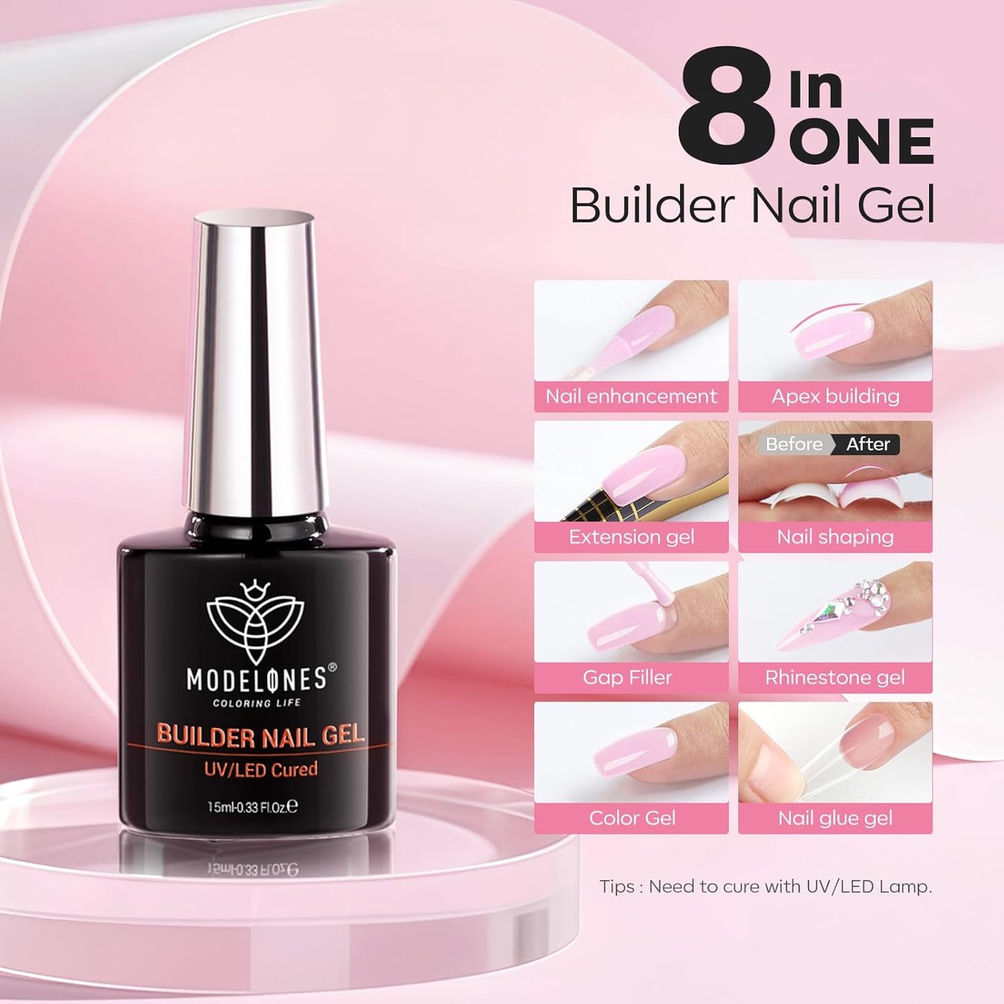 modelones Builder Nail Gel with Gel Base Top Coat, 3Pcs Baby Pink Builder Nail Kit for Apex Building Extension Thickening Strengthener High Gloss Shiny, U/V LED Lamp Cured for Home DIY Salon Girls