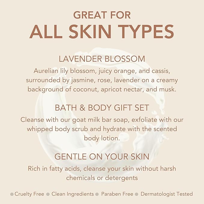 Dionis Goat Milk Skincare Lavender Blossom 3 Piece Self Care Essentials Gift Set - Bar Soap, Hand & Body Cream & Whipped Chamomile Sugar Body Scrub In Recyclable Box - Exfoliate & Moisturize Dry Skin