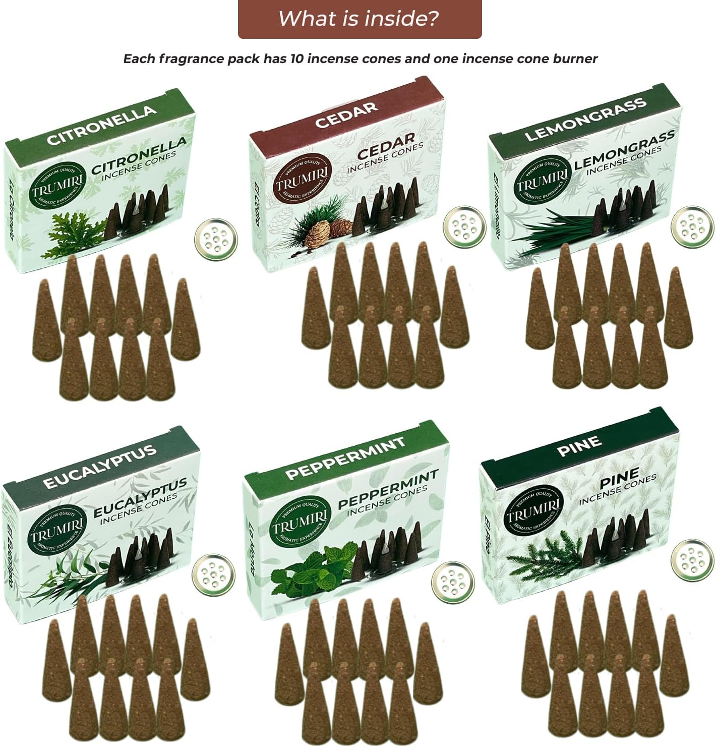 TRUMIRI Leafy Incense Cones - Variety Pack - Total 60 Cone Incense (6 Scents x 10 Conos) - Citronella Lemongrass Eucalyptus Peppermint Cedar Pine - Cone Incense Scents - Insense Cones - Incent Cone
