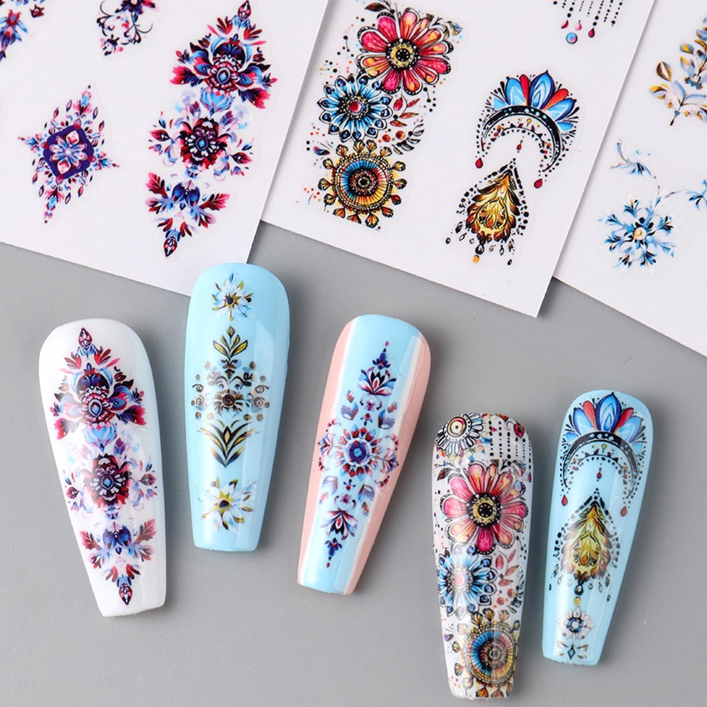 6 Sheets Bohemian Nail Art Stickers Decals Retro Feathers Nails Stickers for Nail Art Self-Adhesive Nails Decals