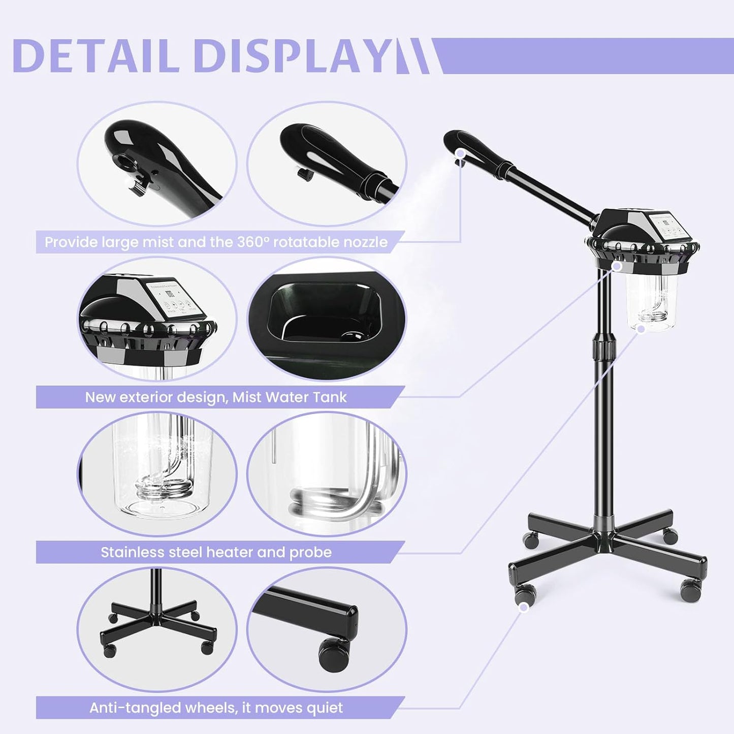 Professional Facial Steamer, Facial Steamer on Wheels, Face Steamer with Time Setting, Stand Face Steamer Adjustable Height for Spa, Salon and at Home use