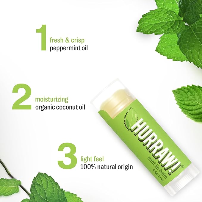 Hurraw! Mint Lip Balm: Organic, Certified Vegan, Cruelty and Gluten Free. Non-GMO, 100% Natural Ingredients. Bee, Shea, Soy and Palm Free. Made in USA
