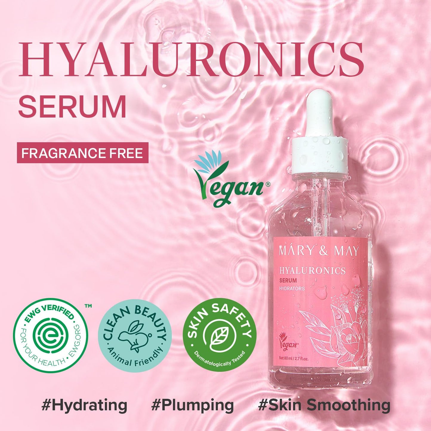 Mary&May Hyaluronics Serum with 6 Types of Hyaluronic Acid Complex for Deep Hydration and Moisture Retention - Fragrance Free, EWG Verified, Cruelty-Free for Dry Dehydrated Skin 2.71 fl.oz.