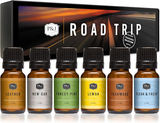 P&J Trading Road Trip Car Fragrance Oil Set – 6 Premium Scents - New Car, Leather, Forest Pine, Lemon, Clean & Fresh, Teakwood – for Car Diffusers, Air Fresheners, Auto Detailing & DIY Crafts