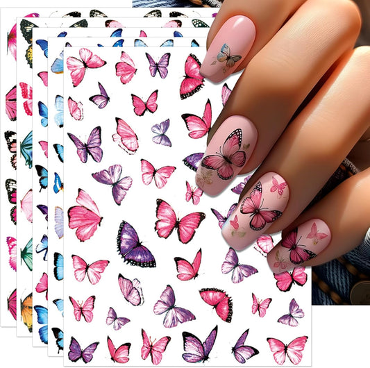 8 Sheets Butterflies Nail Art Stickers - Colorful Butterflies Wing Self-Adhesive Nail Decals for DIY Spring Summer Manicure