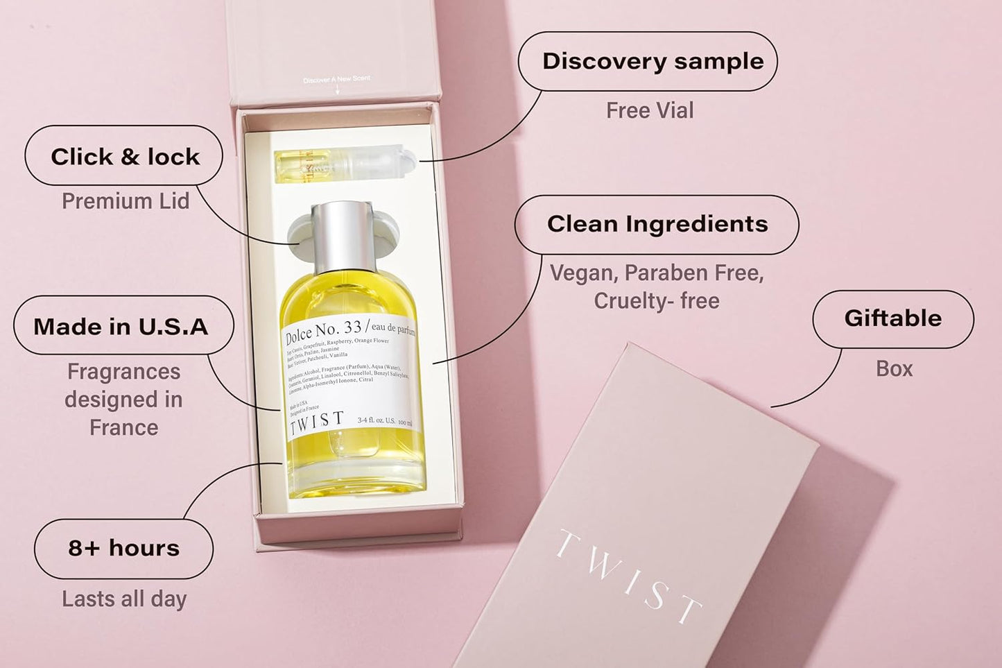 Twist Dolce No. 33 - Eau De Parfum Inspired by La V. E. Belle, Long-Lasting Perfume For Women, Gourmand & Floral, Vegan, Clean Ingredients, Fragrance - Spray 100 ml | 3.4 fl. oz.