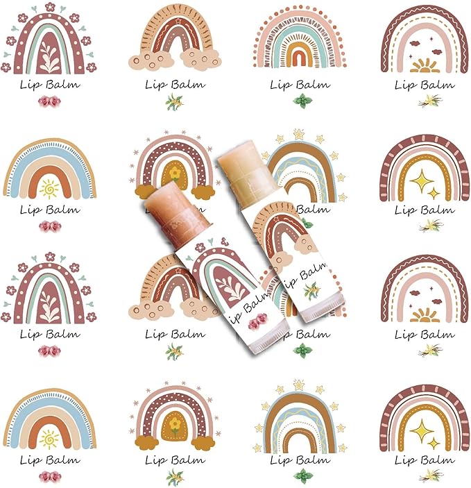 CRASPIRE 80Pcs 8 Styles Lip Balm Sticker Rainbow Self-Adhesive Homemade Lip Balm Labels Vintage Square DIY Label Stickers for Lip Balm Containers Cosmetics Lipsticks