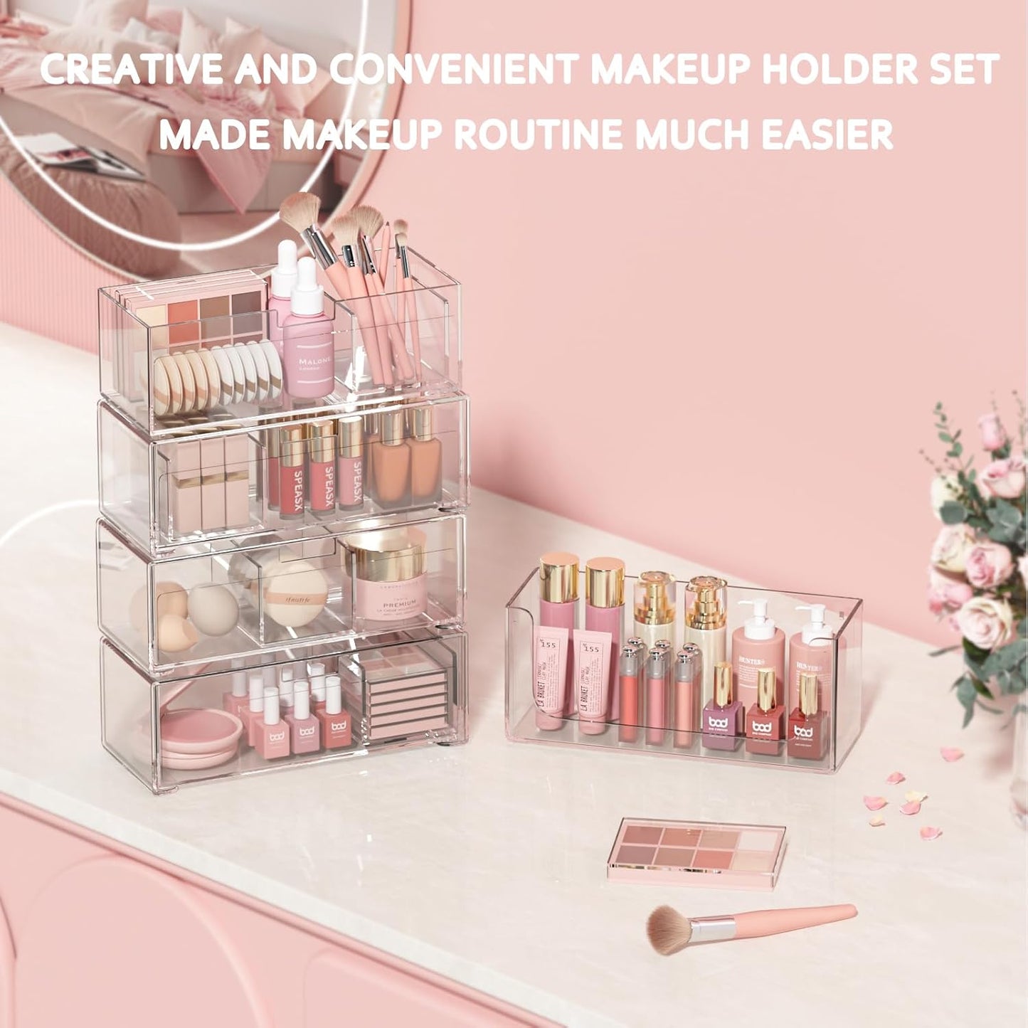 Stackable Storage Drawers Clear Plastic Storage Bins Bathroom Drawer Organizer Medicine Cabinet Organizer Makeup Organizers w Removable Divider Home Workspace Office Desktop Vanity Gift Idea 4Pack