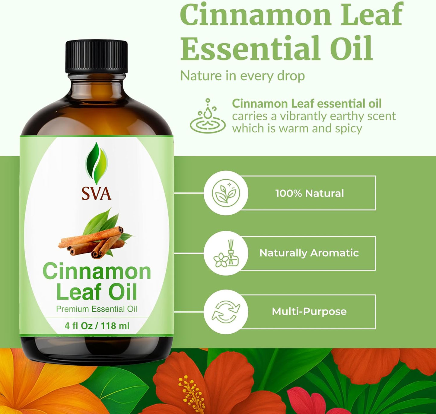 SVA Cinnamon Leaf Essential Oil – 4 Fl Oz – 100% Natural Cinnamon Oil - for Diffuser, Hair Care, Face, Skin Care, Aromatherapy, Scalp and Body Massage, Soap and Candle Making – with Dropper