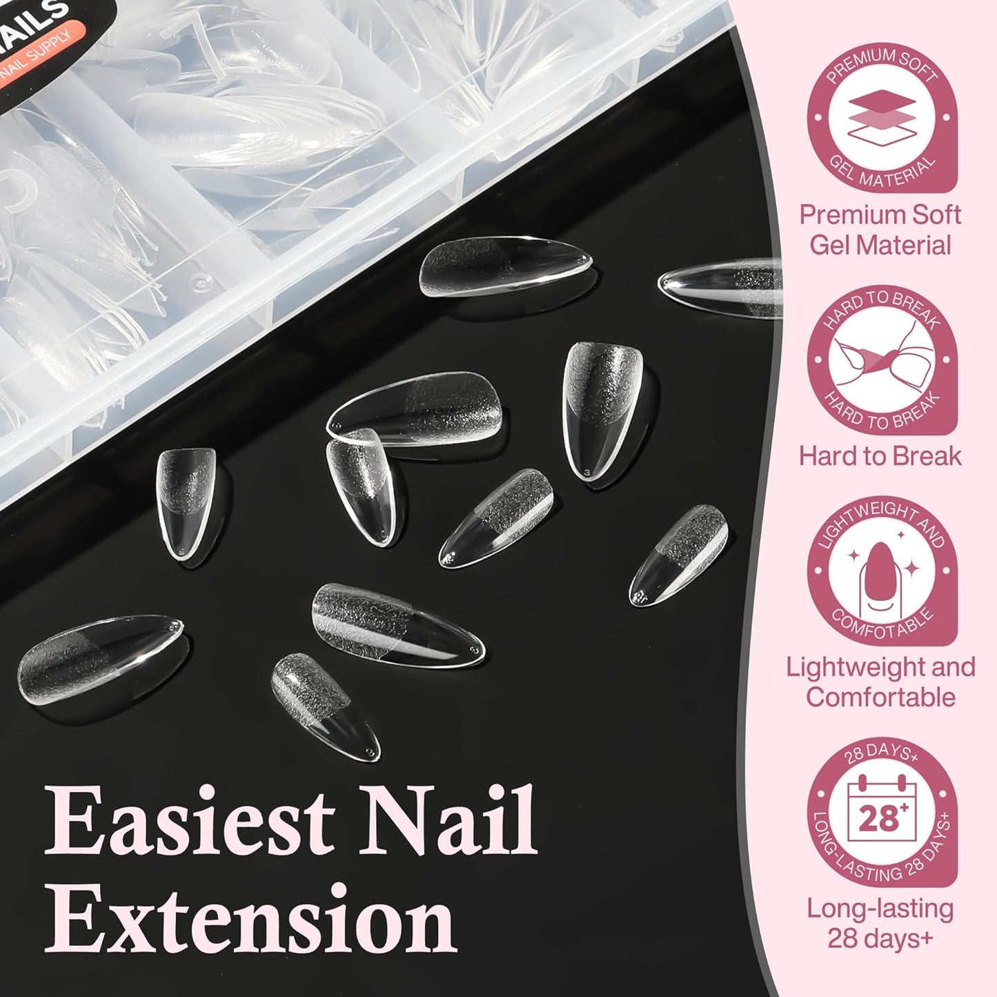 Medium Almond Nail Tips, 240pcs Soft Gel Pre-Filed Acrylic Almond Fake Nails, Half Matte Full Cover Clear Press on Flase Nail Tips for Nail Extension Home DIY 12 Sizes Gelly Tips