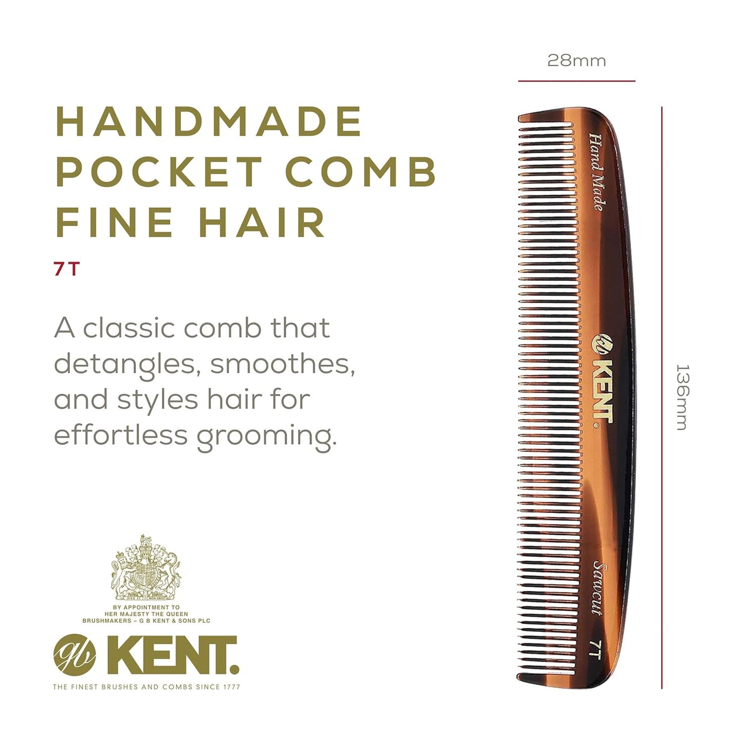 Kent 7T Handmade All Fine Tooth Pocket Comb for Men, Hair Comb Straightener for Everyday Grooming Styling Hair, Mustache and Beard, Use Dry or with Balms, Saw Cut and Hand Polished, Made in England