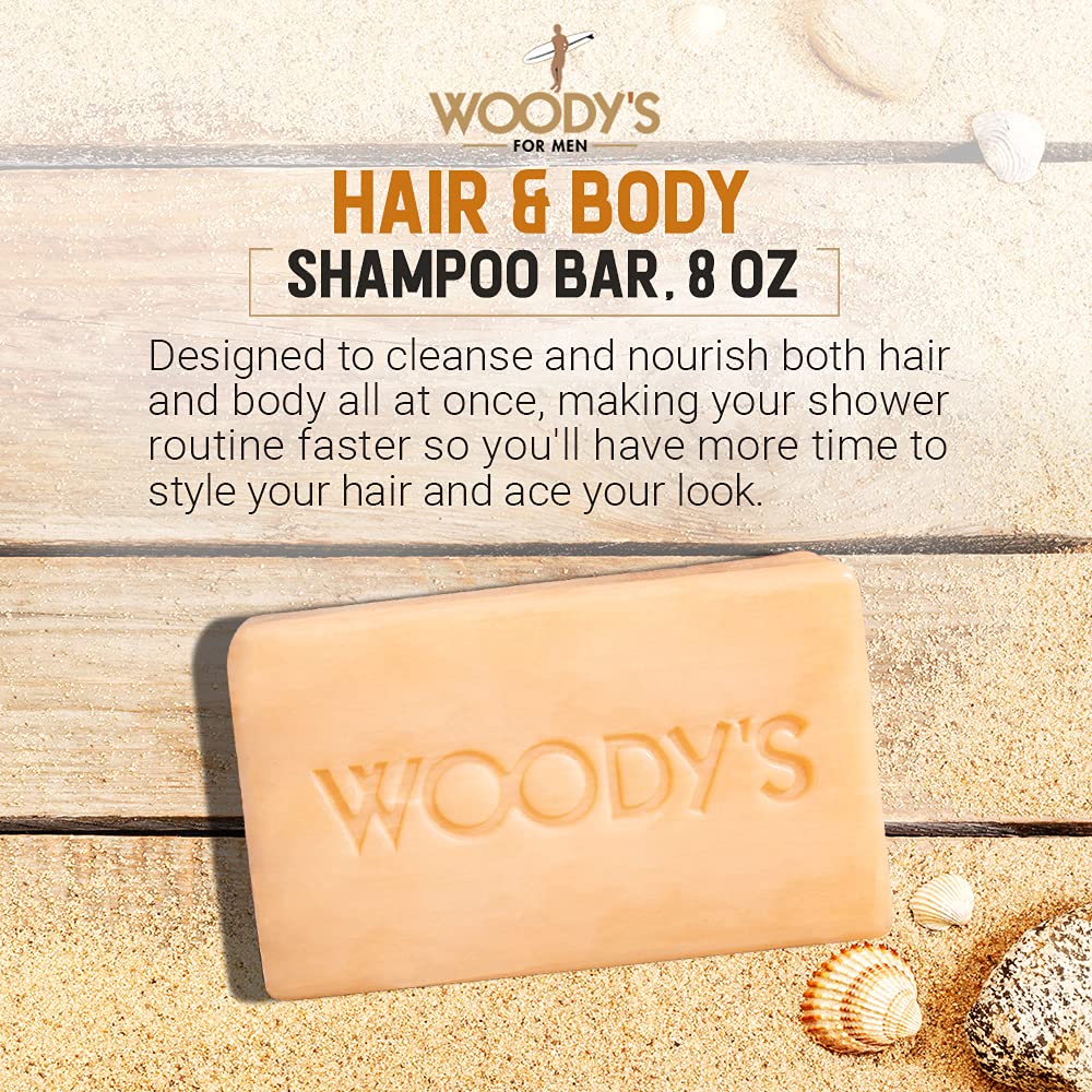 Woody's Hair & Body Shampoo Bar for Men – 2-in-1 Solid Shampoo Bar & Body Wash, Deep Cleansing, Moisturizing, Refreshing Scent, 8 oz, 2 Pack