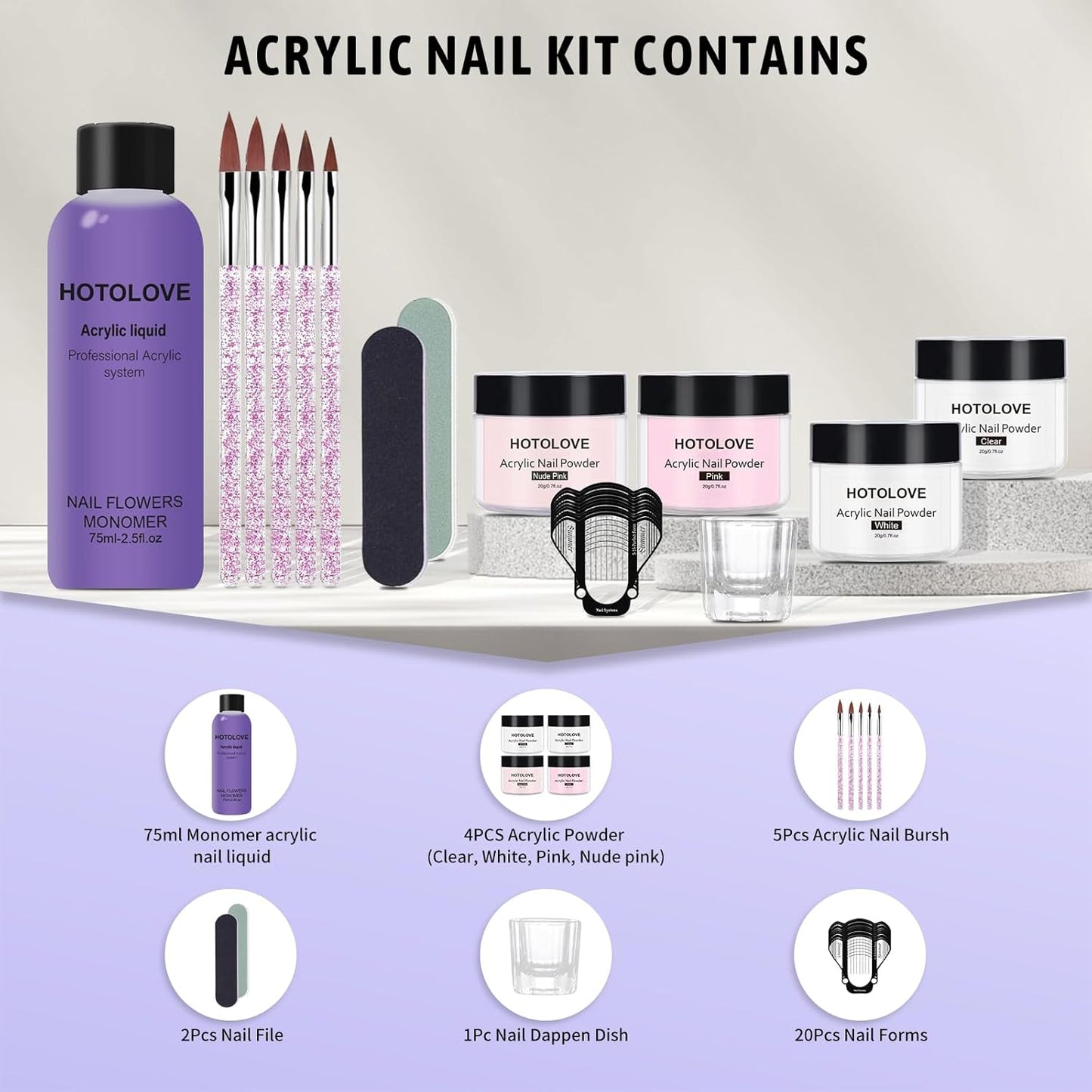 Acrylic Nail Kit, 75ml Acrylic Liquid Monomer with 4 Colors Powder and 5PCS Nail Brush for Nail Extension Carving Manicure French Fake Tips Art for Home DIY Salon