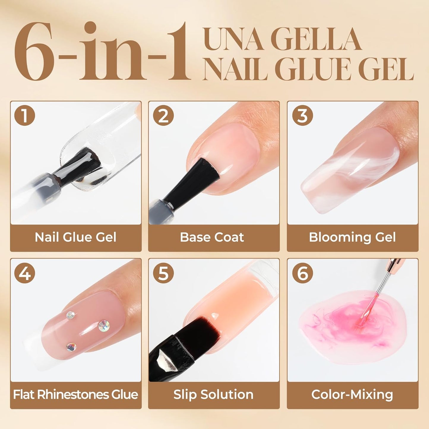 UNA GELLA 6 in 1 Gel Nail Glue for Acrylic Nails Tips 2 Pcs 10ml Super Strong Nail Glue Long Lasting Brush On Nail G el Glue Curing Needed U V for Base Coat, Soft Gel Nail Tips, Clear Press on Nails