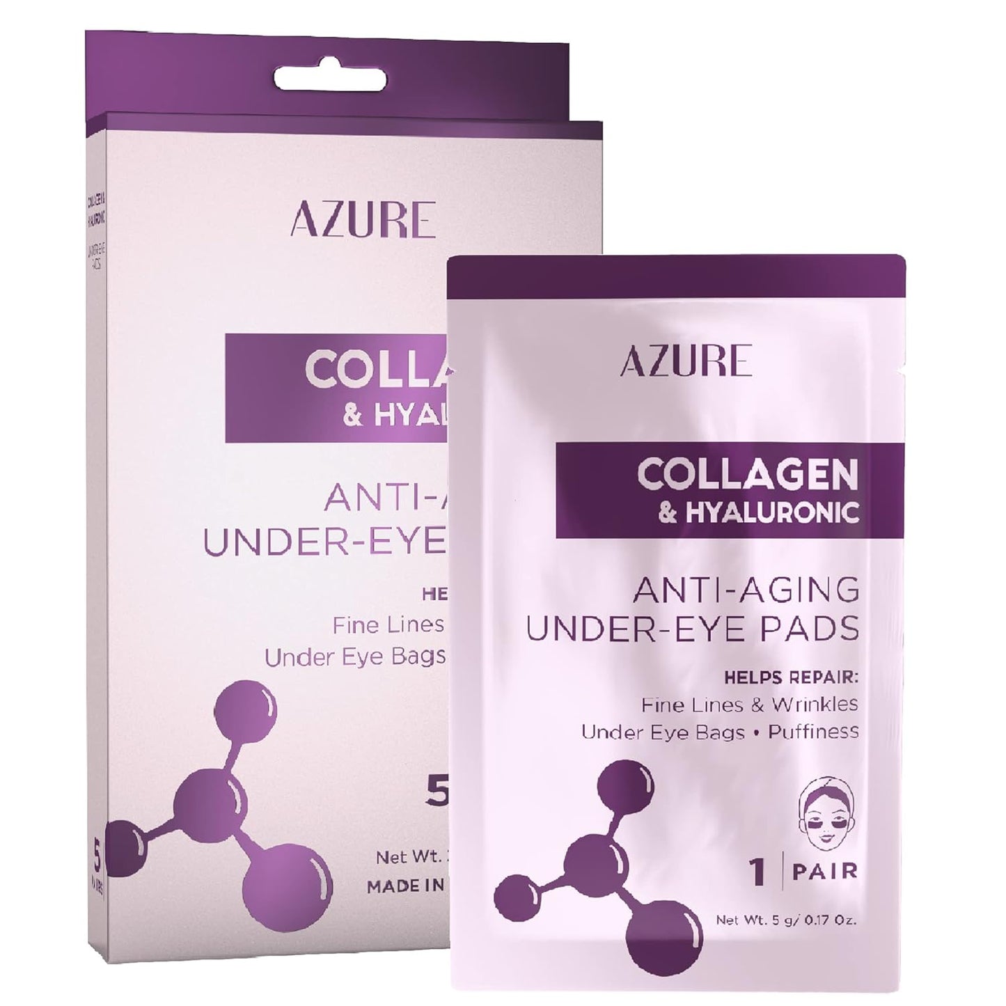 AZURE Collagen & Hyaluronic Acid Anti Aging Under Eye Pads - Lifting & Moisturizing Eye Mask Patches - Reduces Fine Lines, Wrinkles, Dark Circles & Puffiness - Skin Care Made in Korea - 5 Pairs