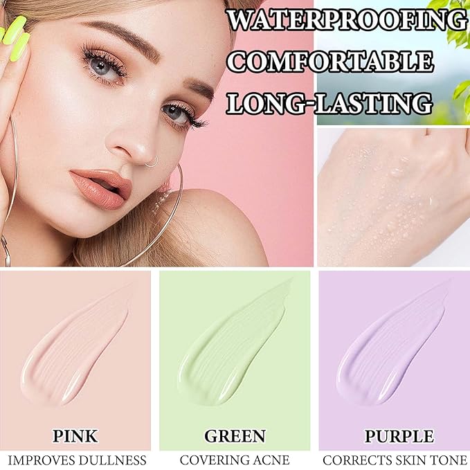 One Step Color Corrector,Natural Isolation Cream,Face Primer Makeup Tricolor Moisturizer,Correcting Primer Concealer Foundation,Setting Powder,Makeup Brushes,Makeup Sponges（4PCS)