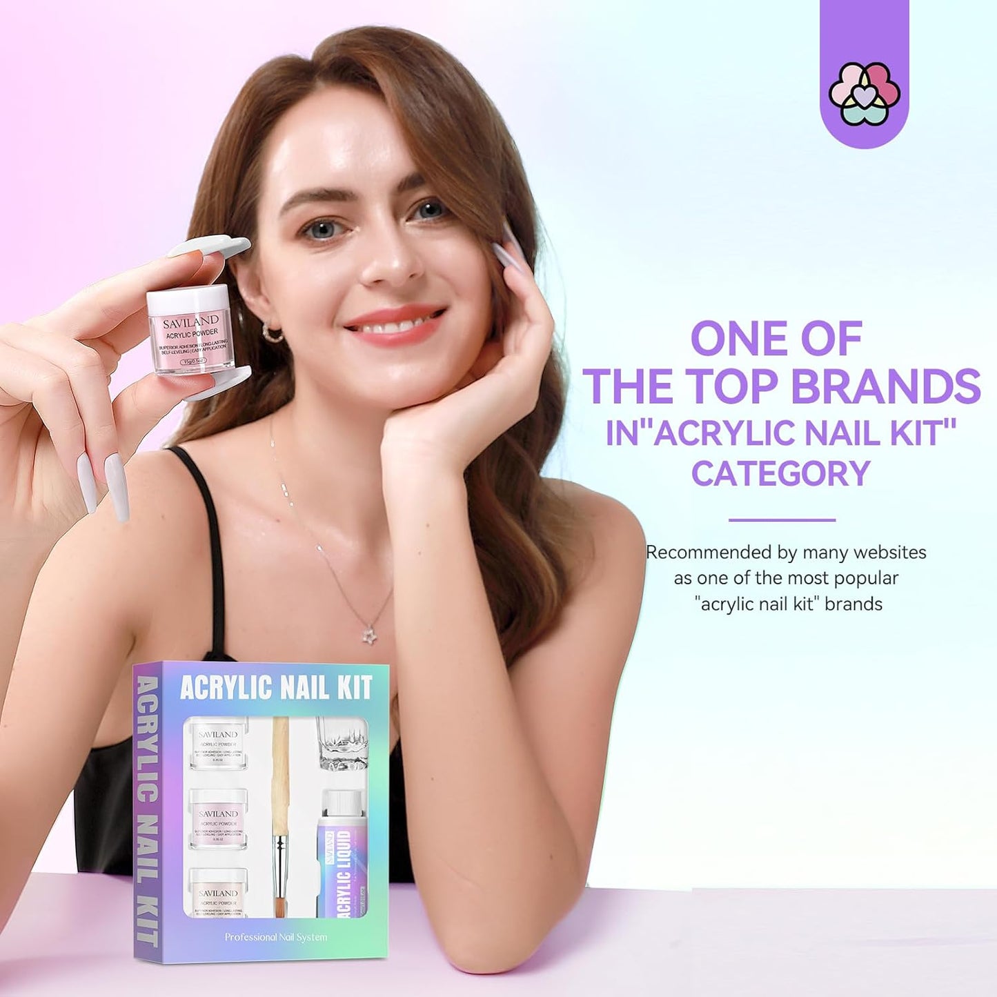 SAVILAND Essentials Acrylic Nail Kit for Beginners: Clear Nudes Pink Acrylic Powder and Liquid Set with #12 Acrylic Nail Brush Cuticle Oil Pen Forms Tools Extension Nail Kit with Everything Home DIY