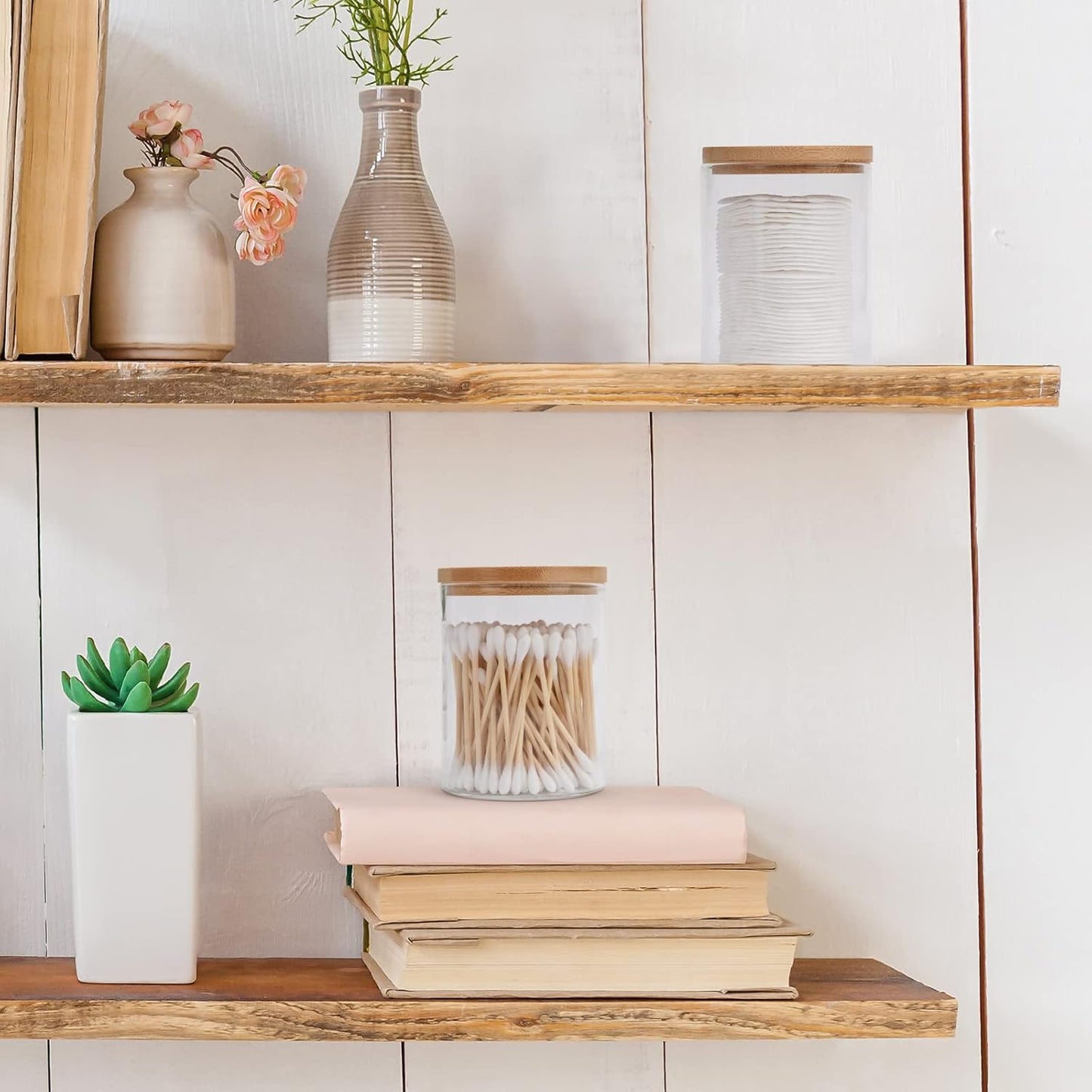 2 Pack Glass Qtip Holder Dispenser Set - Apothecary Jars with Lids - Vanity Makeup Organizer and Bathroom Canister Storage Organizer for Cotton Ball, Swab, Round Pads,Floss