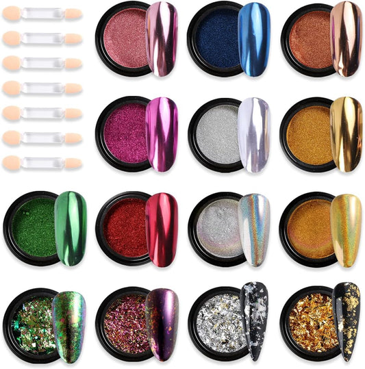 Chrome Nail Powder Set 14 Colors Pink Blue Silver Metallic Effect Mirror Powder for Nails with Brushes Holographic Pigment Chameleon Flakes for Nails Gold Leaf Decoration Nail Supplies
