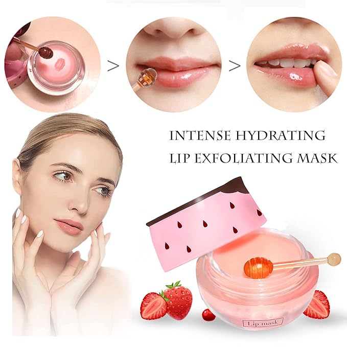 Bee Lip Balm Honey Pot, Strawberry & Honey Moisturizing Propolis Lip Mask, Hydrating & Prevention Dry and Cracked Lip Scrubs Exfoliator, Reduces Lip Lines (2PCS Pink)