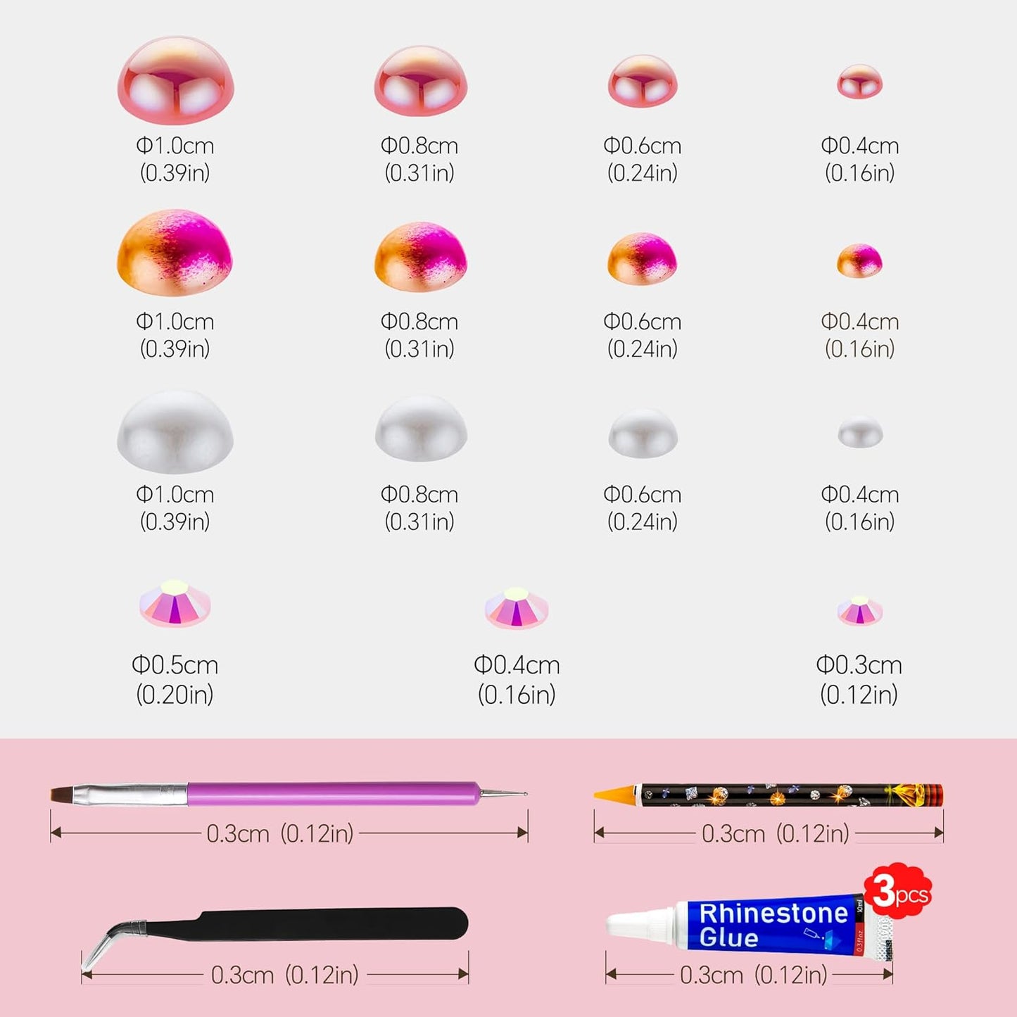 60g Pink Flat Back Pearls Rhinestones for Crafts Mixed Size 3mm-10mm AB Color Round Half Pearls Flatback Pearl Beads and Resin Rhinestones Set for Face Art with Glue