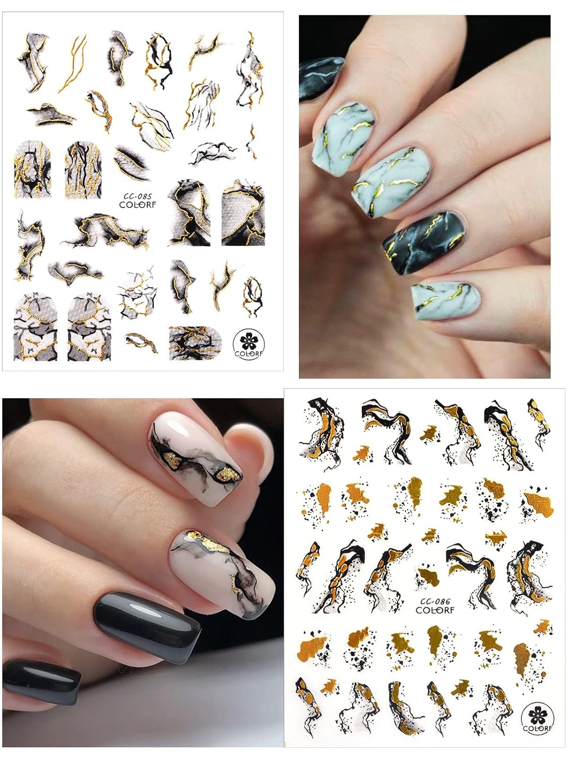 TOROKOM 12 Sheets Nail Art Stickers Decals,Self-Adhesive Black White Gold Stripe Line Nail Decals Marble Wave Nail Sticker Supplies for 3D Nail Design Nail Accessories for Women French Nail Decoration