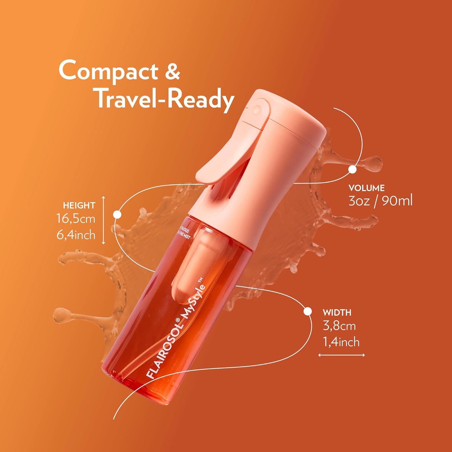 FLAIROSOL MyStyle, Spray Bottle for Hair - Small Travel Spray Bottle, Ultra Fine Continuous Water Mist for Face, Hairstyling, Salon, Cleaning, Beauty, Toners, Hydration & Makeup, 3.04oz / 90ml, Peach