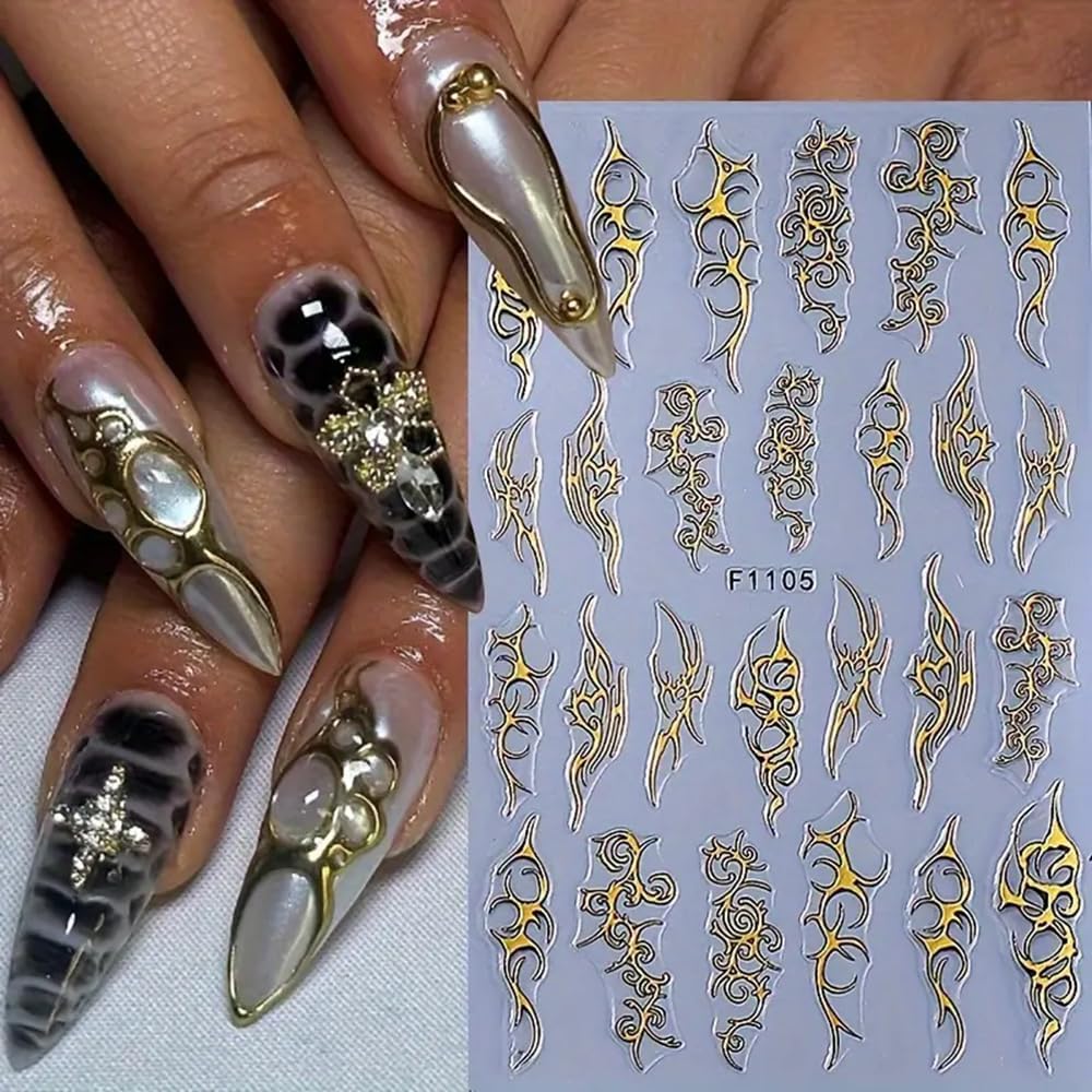4 Sheets Goth Nail Stickers for Nail Art 3D Punk Style Black Belt Nail Art Stickers Gold Silver Flame Lines Nail Decals Self-Adhesive Centipede Thorn Vine Curves, Swords, Scorpion Patterns for Women