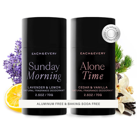Each & Every Aluminum Free Deodorant for Women & Men, Lavender & Lemon + Cedar & Vanilla - All Natural Deodorant for Sensitive Skin, EWG Verified - Clean, Baking Soda-Free, Plant-Based - 2.5oz, 2 Pack