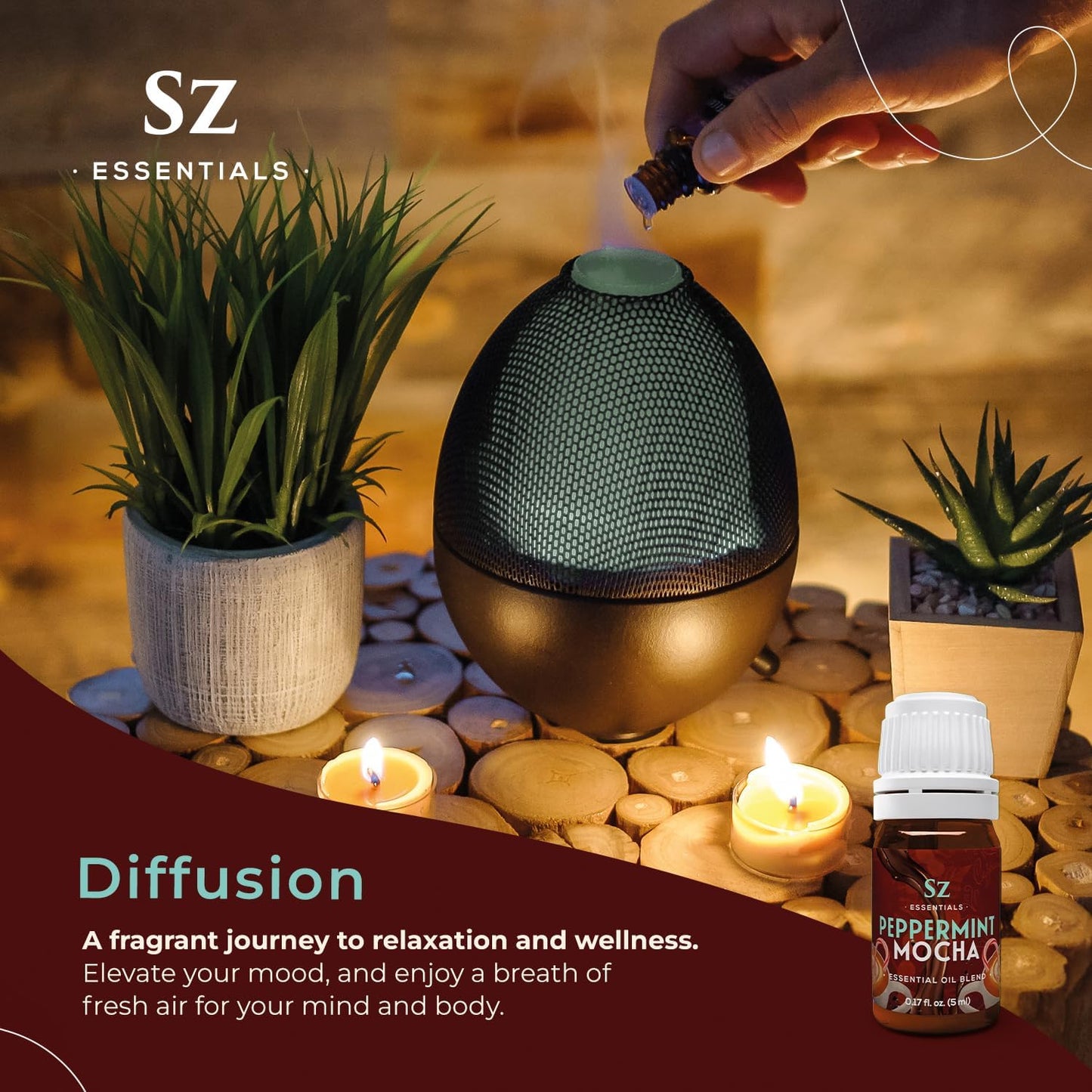 Peppermint Mocha Premium Essential Oil for Diffuser 100% Pure Essential Undiluted Oil - Extracted from Peppermint, Coffee, Cocoa with Vanilla Overtones - Plant Based - 0.17 Fl Oz (5ml)