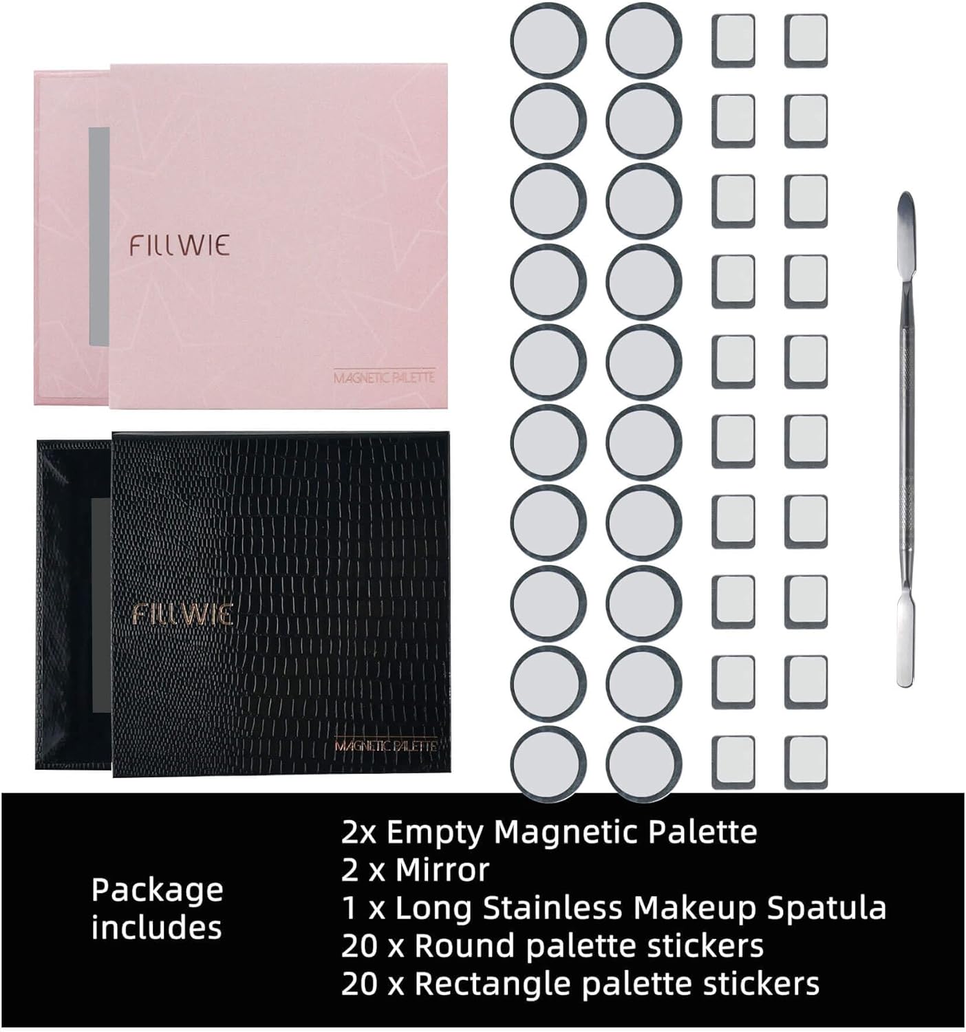 Pink&Black Magnetic Refillable Makeup Palette with Mirror – Lightweight, Durable, Travel-Ready Case for Eyeshadow, Blush, Lipstick – Includes Spatula & 20 Stickers – Small, Waterproof Paperboard