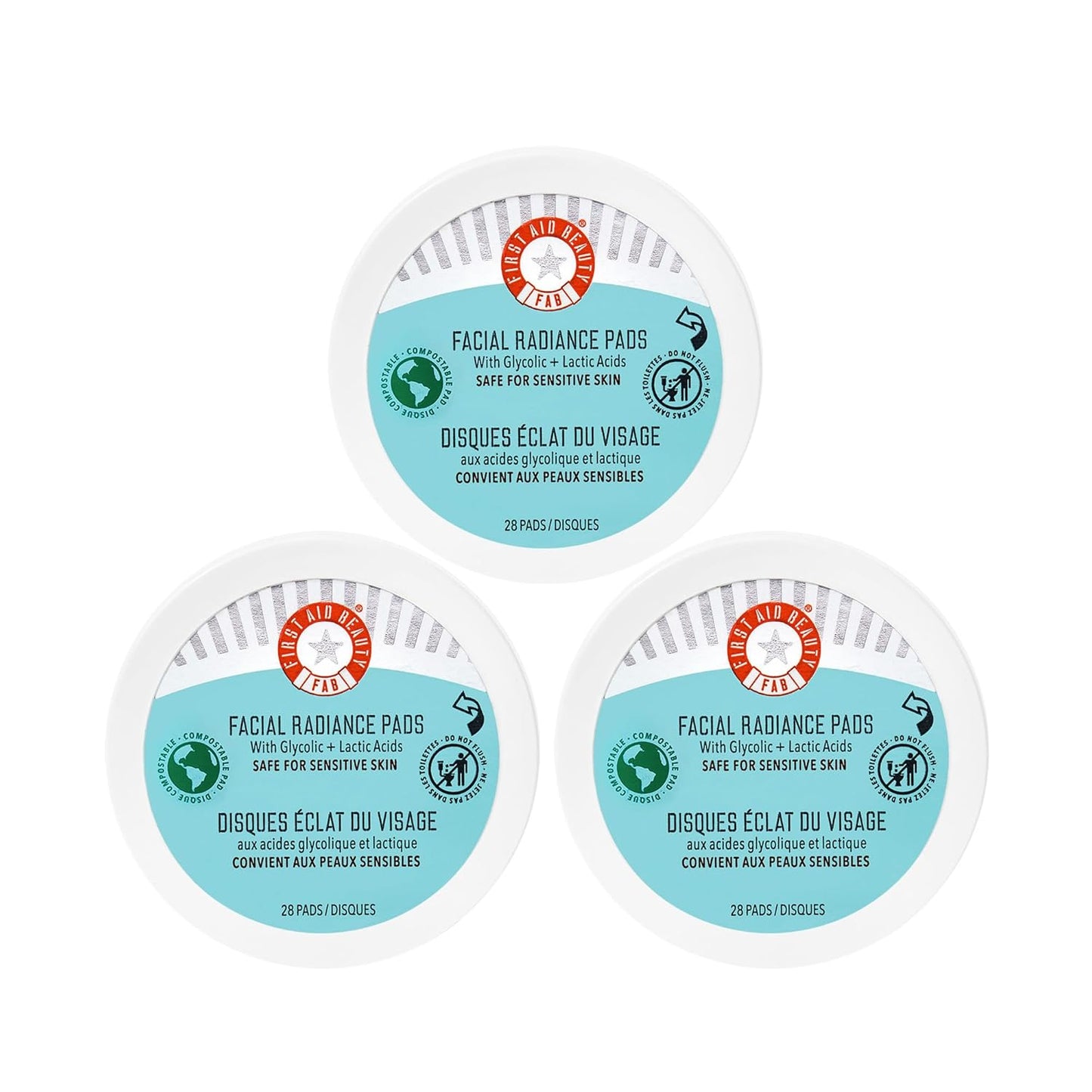 First Aid Beauty - Facial Radiance Pads with Glycolic & Lactic acids, Daily Exfoliating pads with AHA to Help Tone & Brighten Skin, One Step Makeup Prep, Compostable for Daily Use, 28 Pads, 3 ct