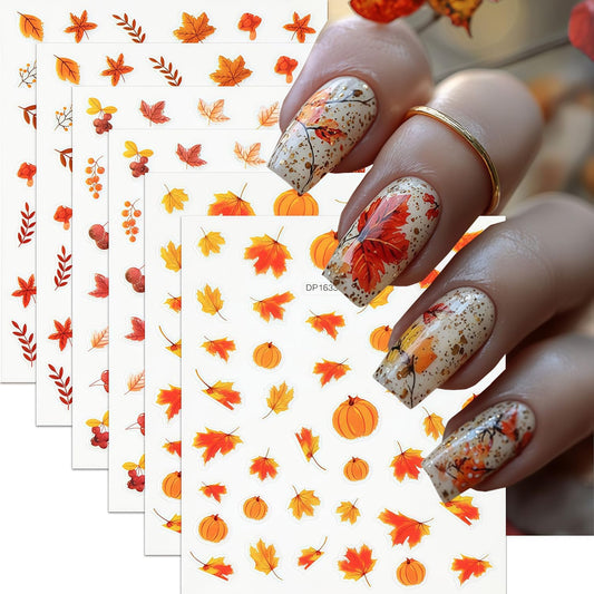 6 Sheets Autumn Nail Art Stickers Fall Maple Leaves Nail Stickers 3D Self-Adhesive Thanksgiving Pumpkin Pattern Nails Sticker Fall Glitter Leaf Nail Decals Holiday DIY Nails Manicure for Women
