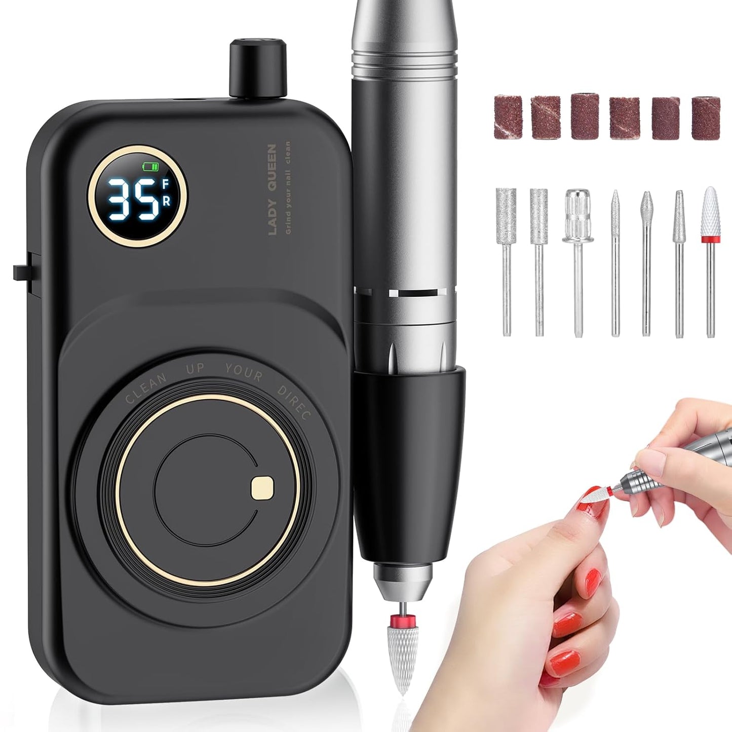 Portable Nail Drill Electric File: 35000RPM Professional Rechargeable Nail E File Machine,for Acrylic Nails Gel Polishing Removing, Cordless Efile with Bits Kit for Manicure Salon Home (Black)