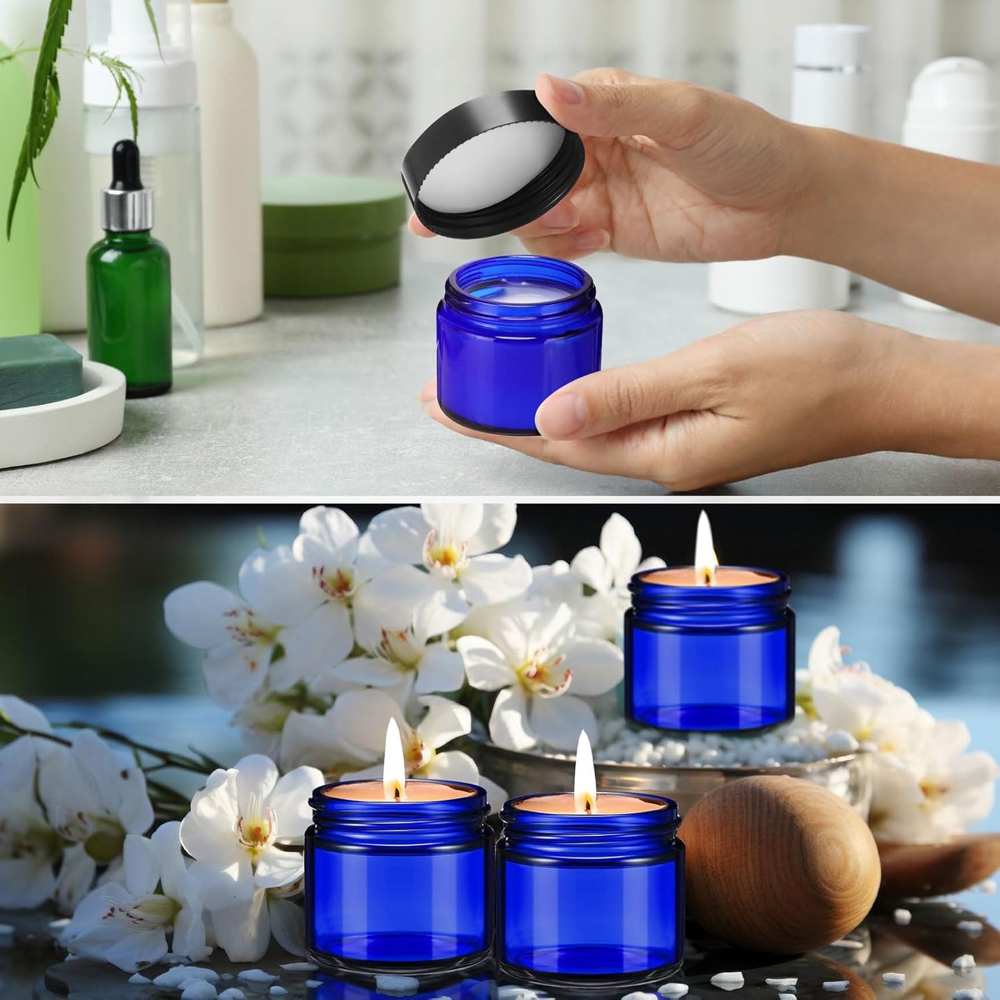 Domensi 72 Pcs 2 oz Glass Jars with Lids Travel Size Round Leakproof Empty Cosmetic Jars with Inner Liners Lid for Storing Makeup Lotions Face Cream Ointments Candle DIY Making (Cobalt Blue)